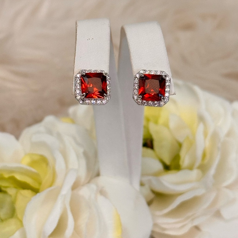 Ruby Gemstone Stud Earrings With Micro Pave Halo Diamond Setting NEW!